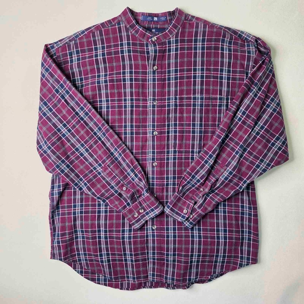 Nino Cerruti Sport Mens L Plaid Banded Collar Cotton Button Down Shirt Red VTG